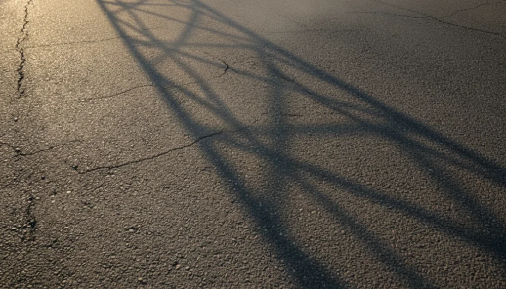 Shadow of a power tower on asphalt road in late morning