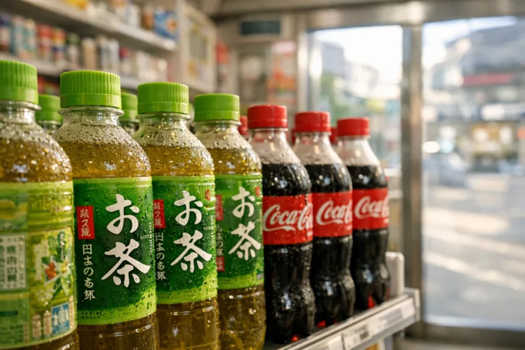 コンビニの飲料棚に並ぶ国産と輸入のペットボトル飲料