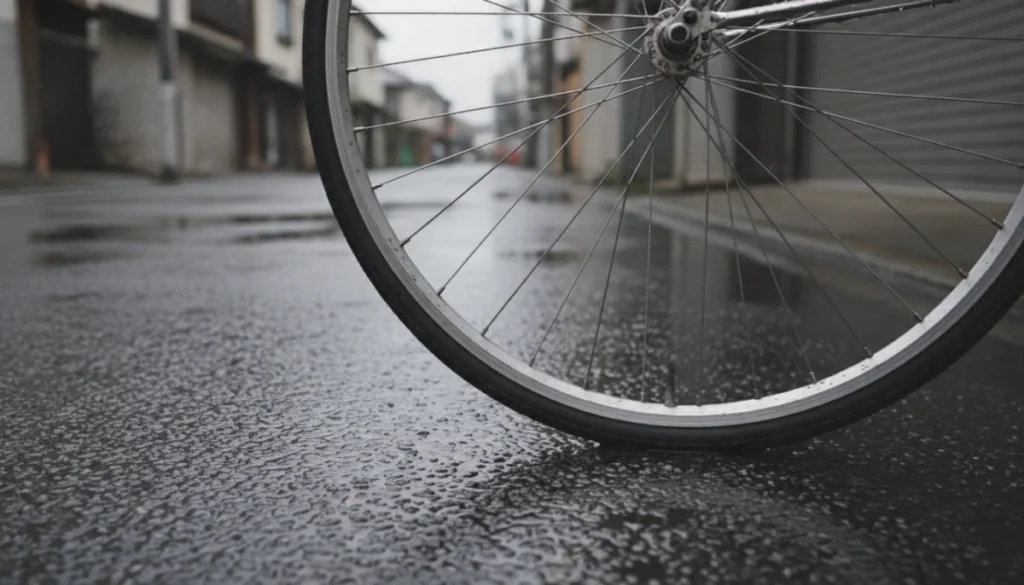 曇り空の下で駐輪されている自転車の車輪部分