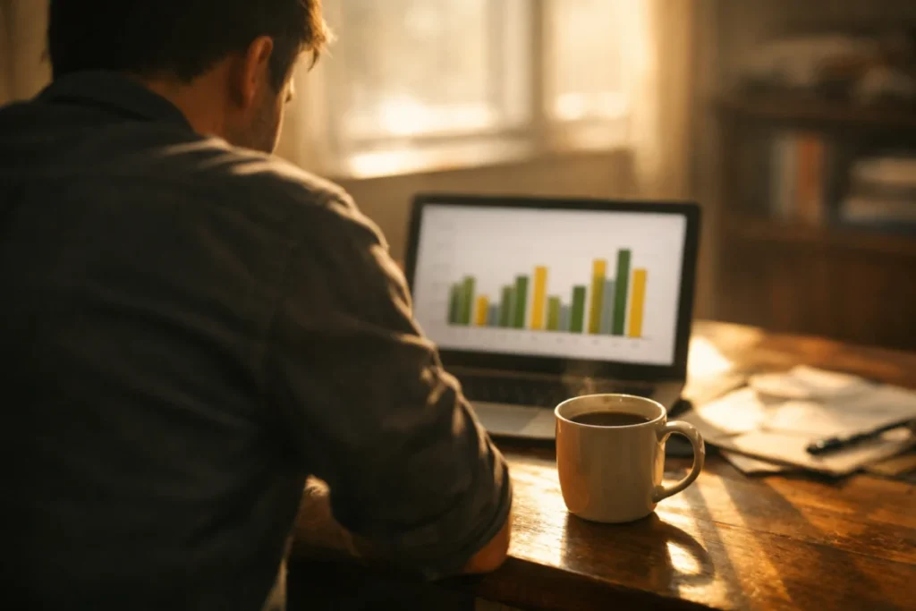 朝の光が差し込む机の上のコーヒーカップとノートPC
