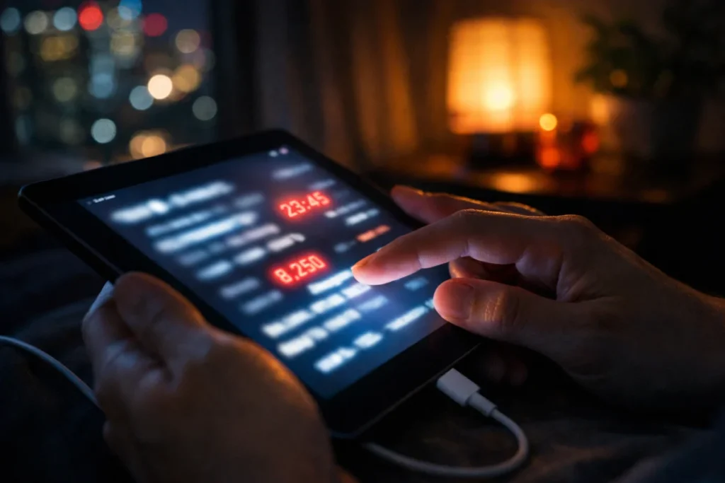 夜の暗い部屋でタブレットを持つ手元、画面の光と充電ケーブル