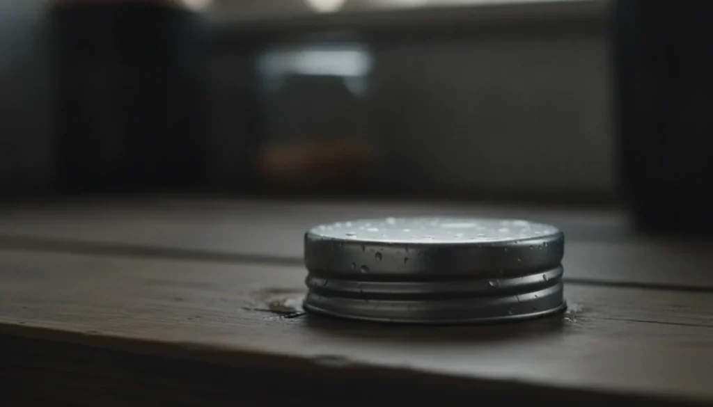 A metal tea canister lid on a kitchen counter at night