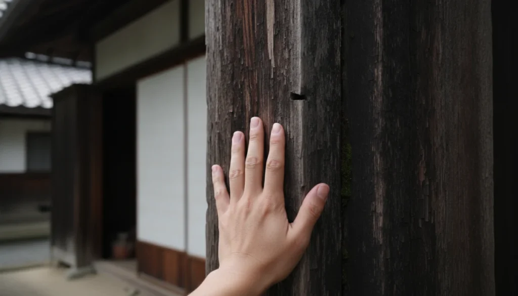 古い木造建築の軒先にある木枠を手で触れている様子