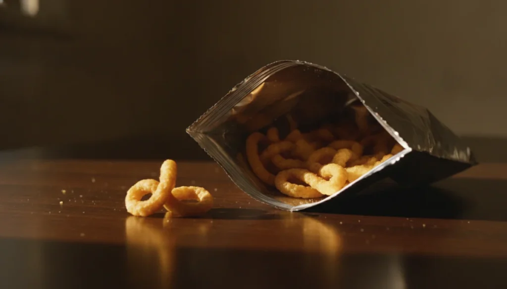 夜の照明の下、木製テーブルの上に置かれたスナック菓子の袋から覗く独特な形のえびせん。