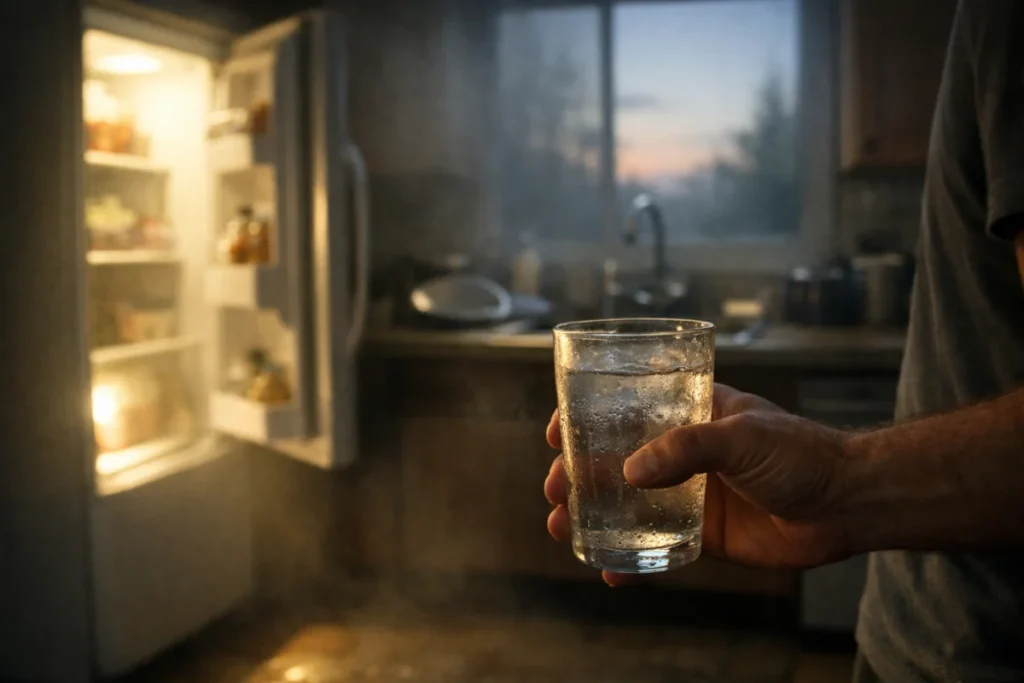 薄暗い台所で開いた冷蔵庫から漏れる光と、手に持った水のグラス