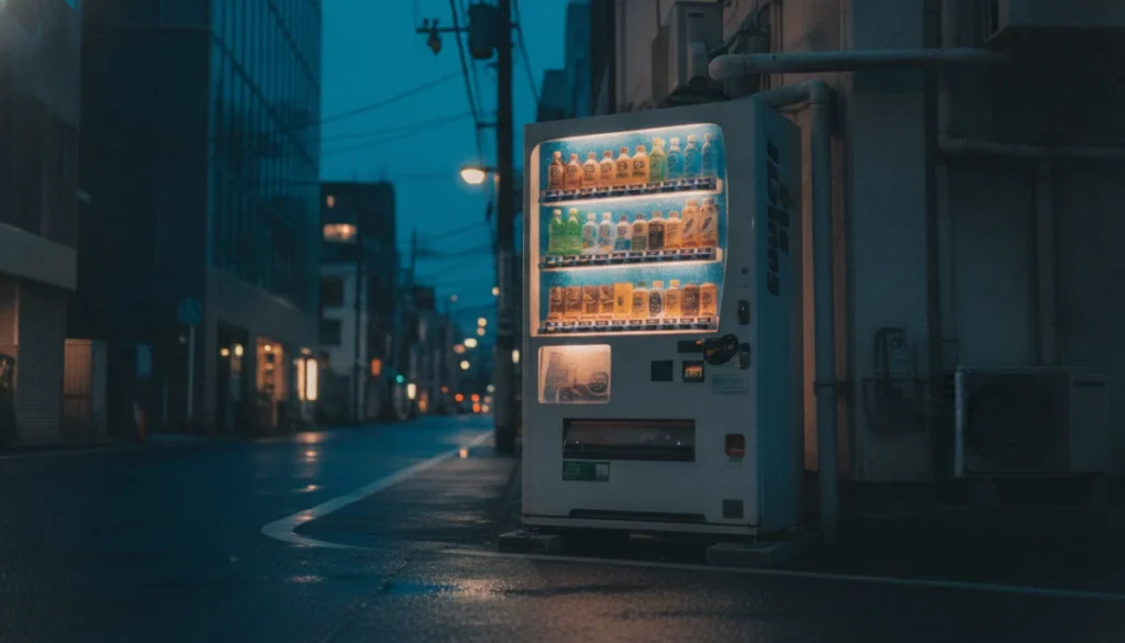夕暮れの街角で光る自動販売機