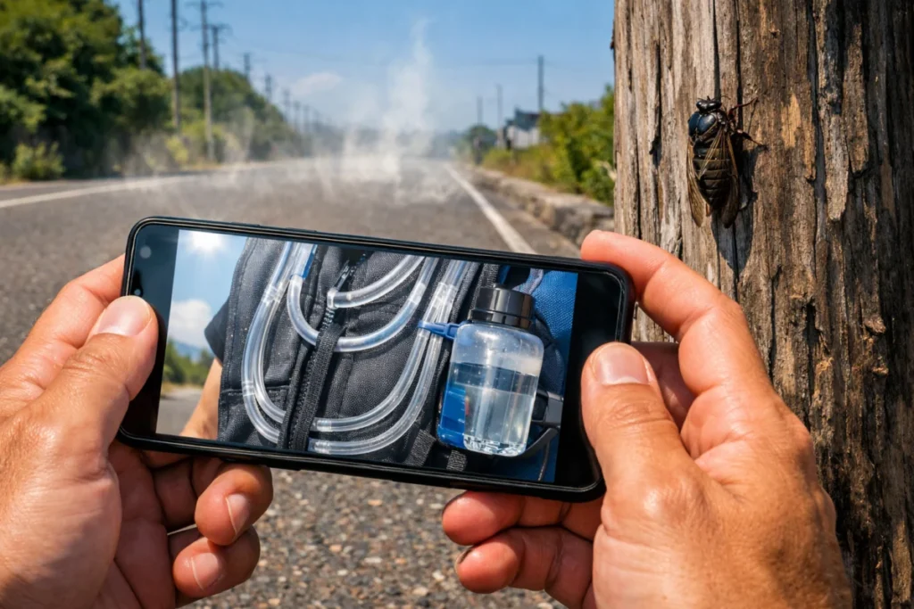 陽炎が立ちのぼるアスファルトの路上と、スマートフォンの画面に映る水冷ベストの記事