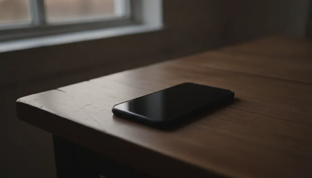 薄暗い部屋でテーブルの上に置かれたスマートフォンの画面