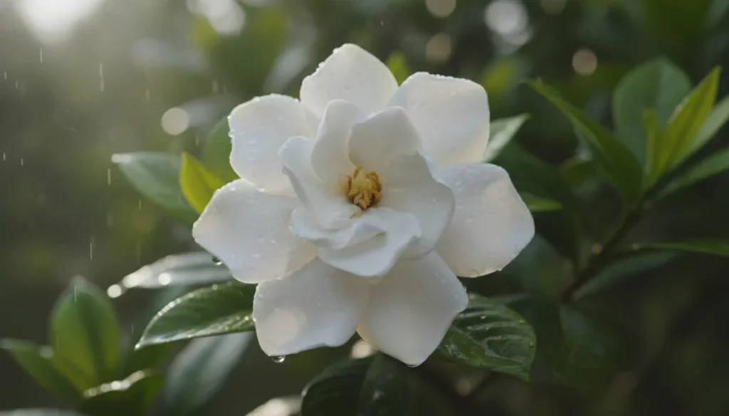 白いクチナシの花びらに小さな雨粒が乗っている様子