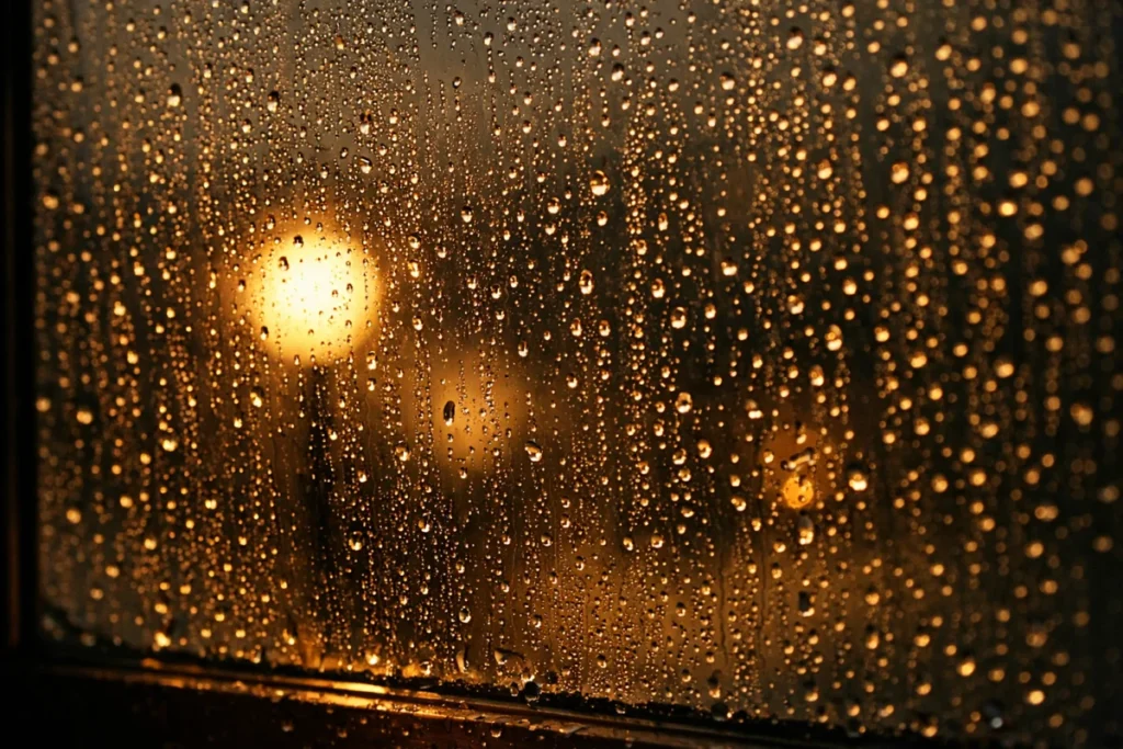 夜の窓辺にびっしりとついた結露の水滴