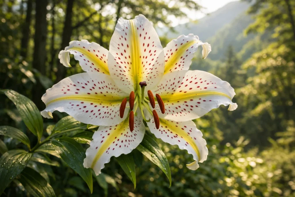 真夏の朝、緑の葉の間に咲く大輪の白いヤマユリの花