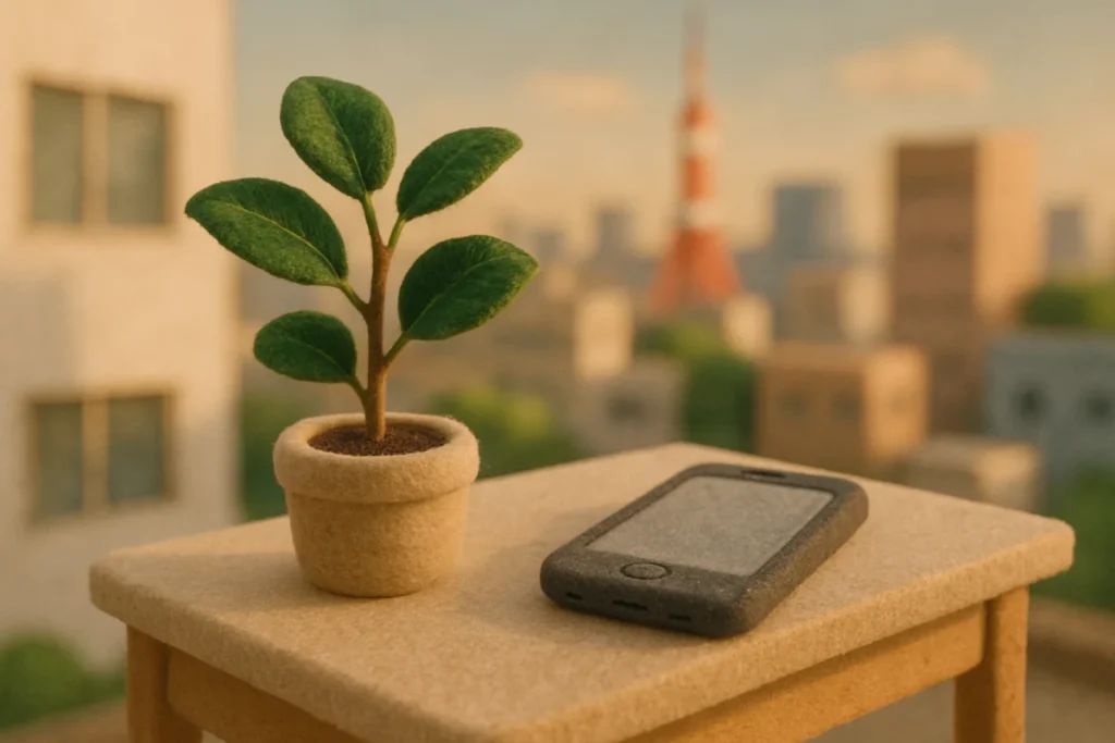 夕方の机に置かれた小さなフィカスとスマートフォン