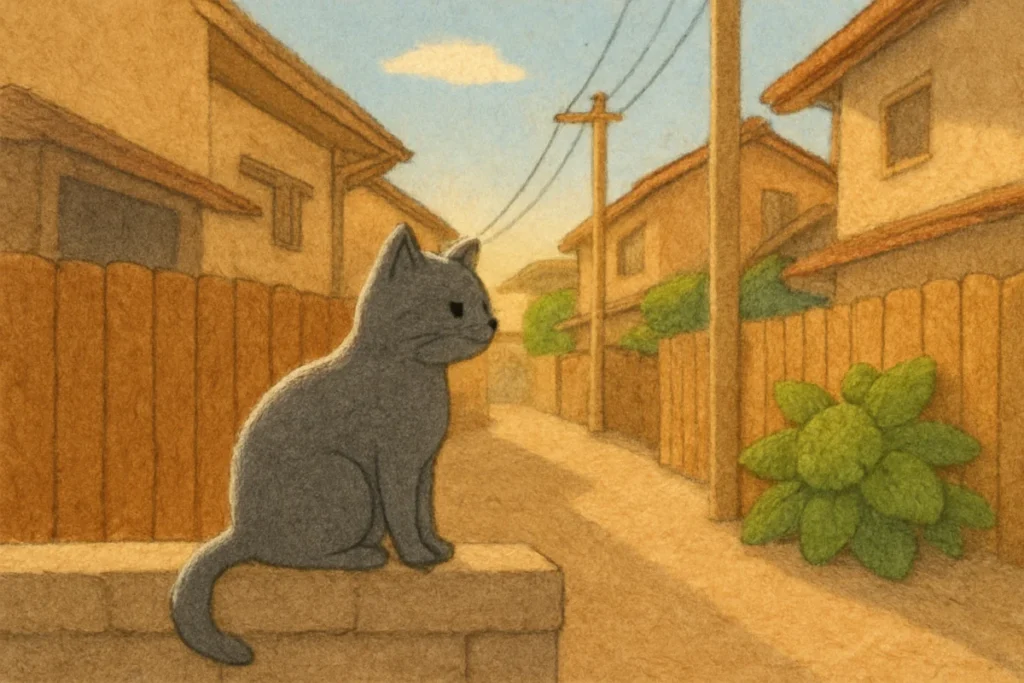 午後の塀の上に座る猫の手作り絵本風イラスト