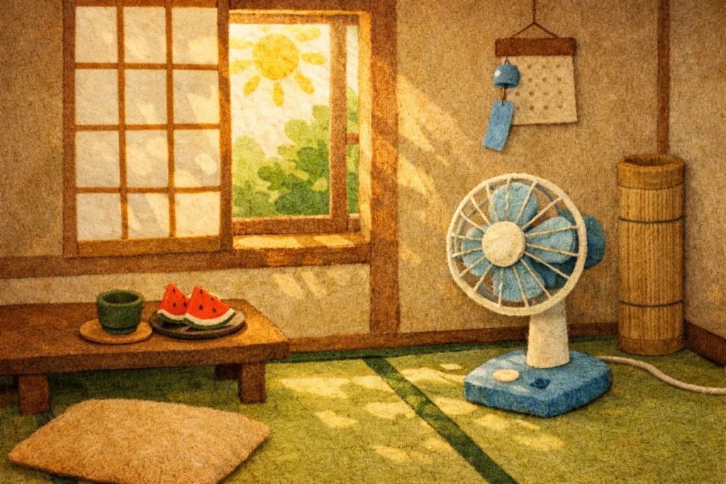 午後の日差しが差し込む部屋の隅で、首を少し傾けて止まっている扇風機