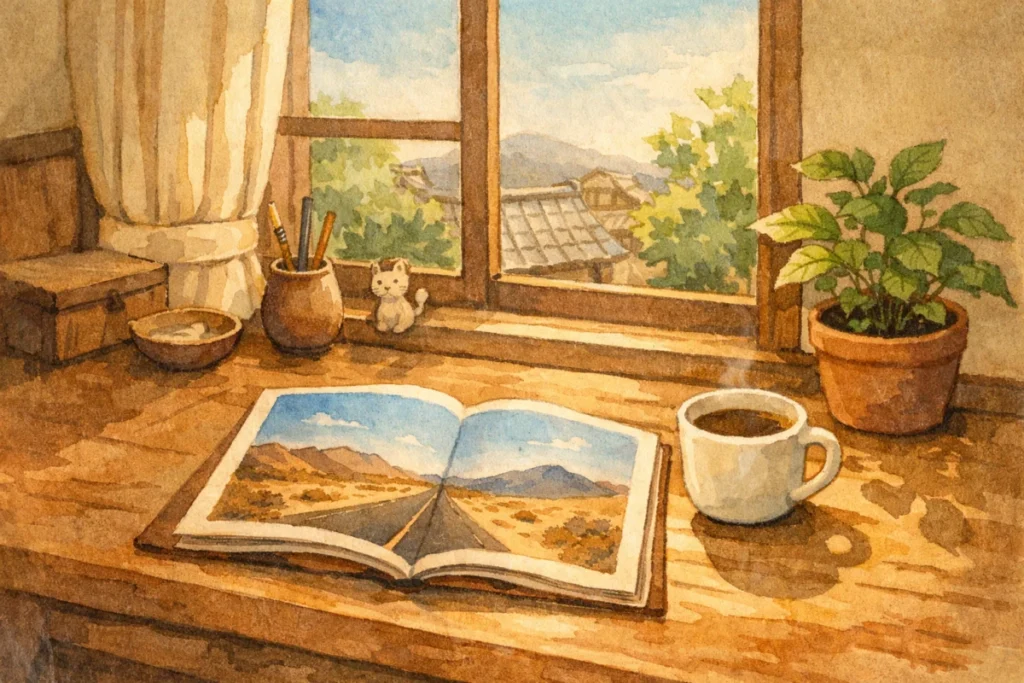 午後の机の上に置かれた雑誌とコーヒーカップ