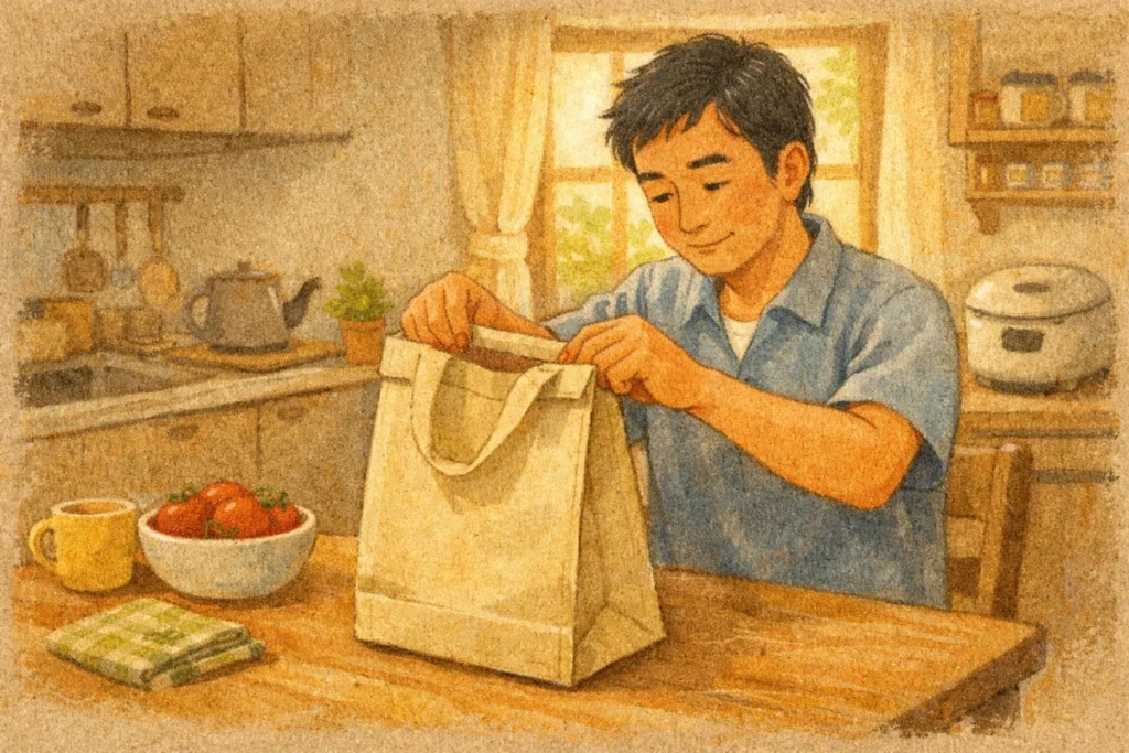 午後の台所で買い物袋を広げる男性