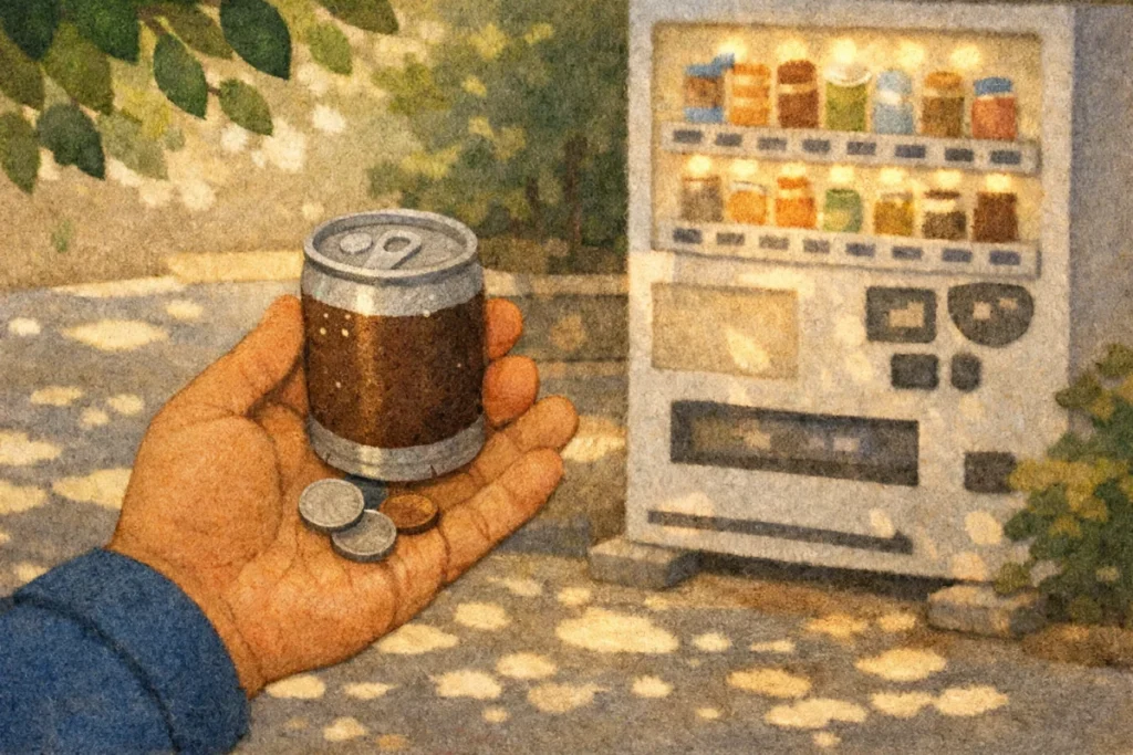 夏の午後、自販機の前で缶コーヒーを手に立つ人の手元