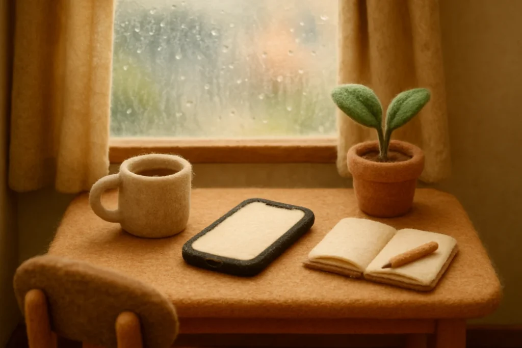 雨の午後、スマートフォンで救急車利用の啓発動画を再生する前の机
