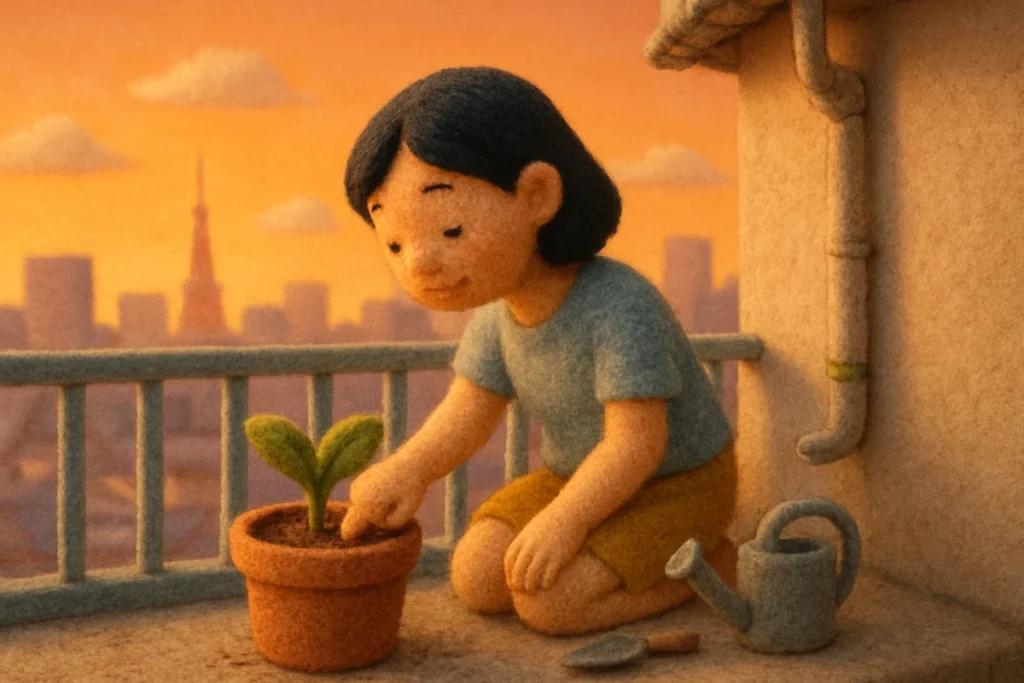 夕暮れのベランダで鉢植えの土の乾き具合を確かめる様子