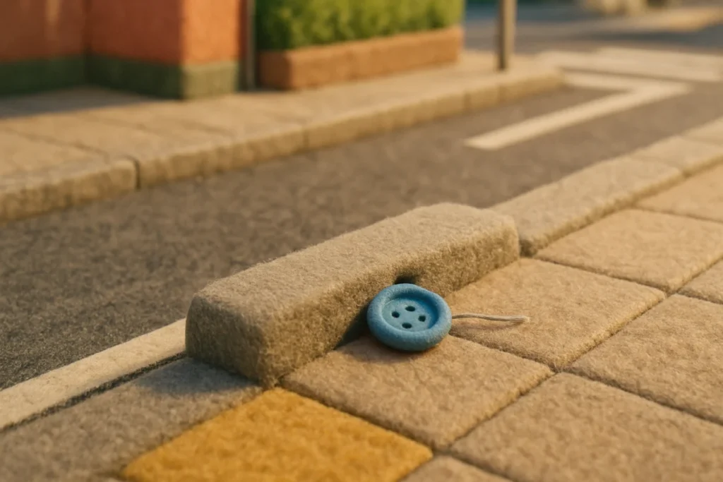 夏の歩道の縁に置かれた青いボタンのミニチュア模型