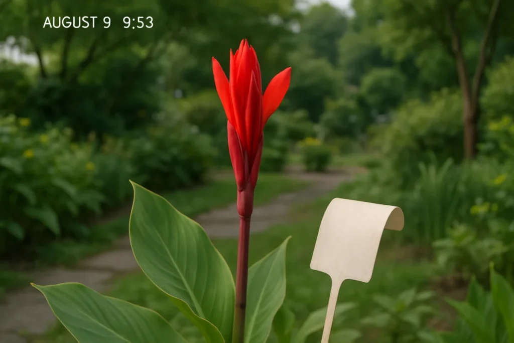 8月の朝、開きかけた赤いカンナの花と花言葉の札