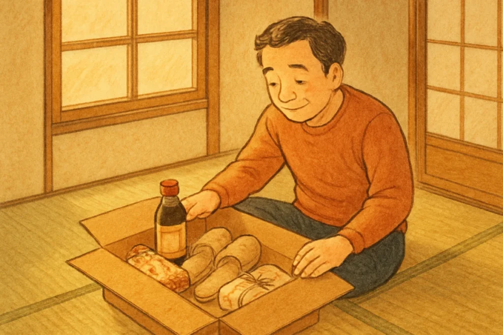 ダンボールを開けて中を確認する男性の後ろ姿
