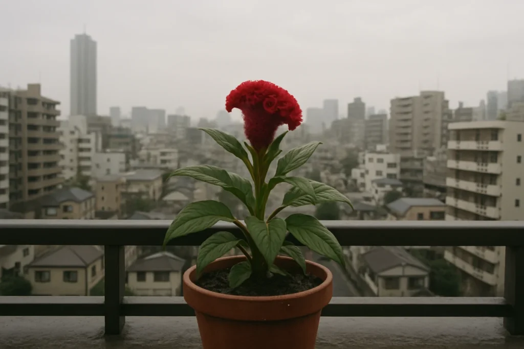 曇り空の朝、鉢に咲く赤いケイトウ