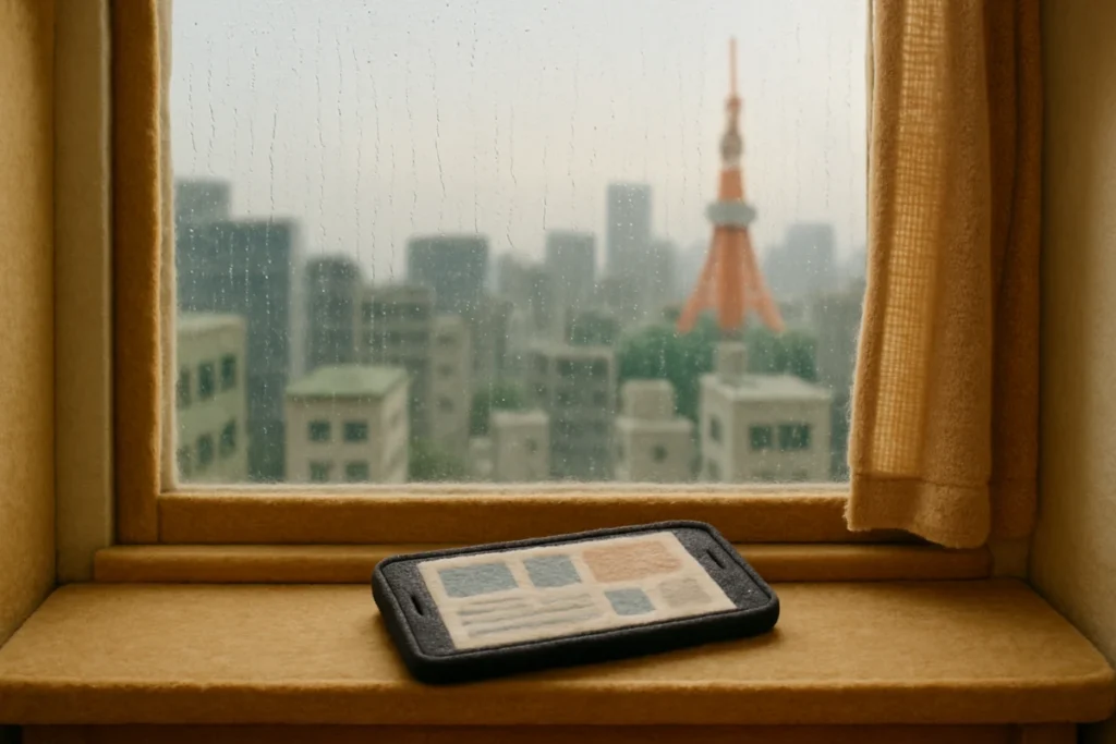 朝の細い雨が降る窓辺に置かれたニュース画面のスマートフォン
