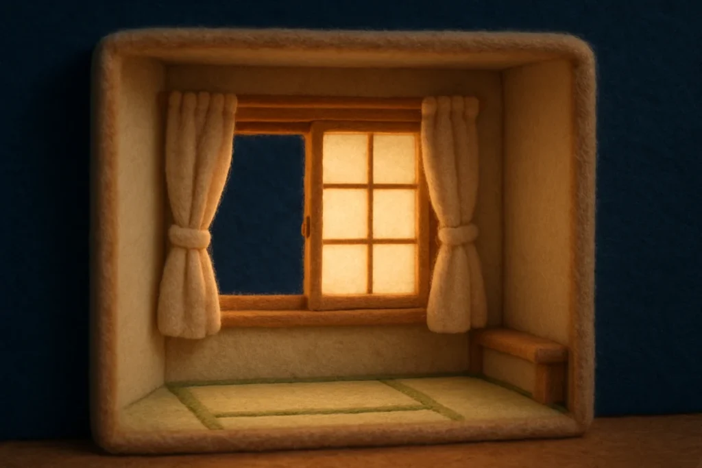 夜の部屋で窓辺のカーテン留め具を直したミニチュア風景