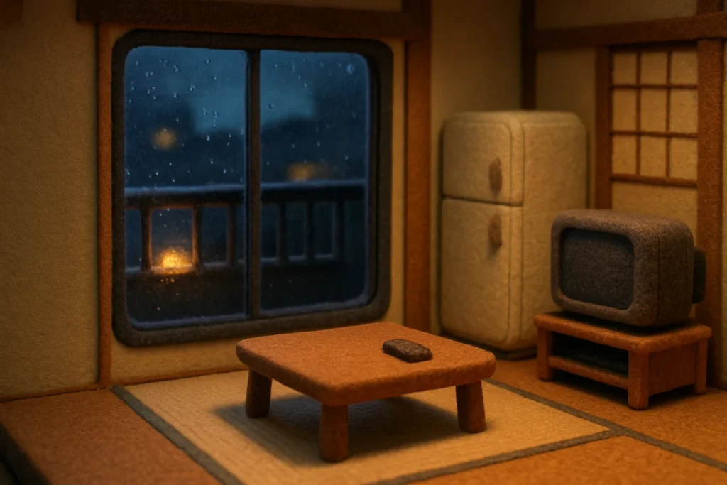 夜の雨の合間に家の音を聞き分ける部屋