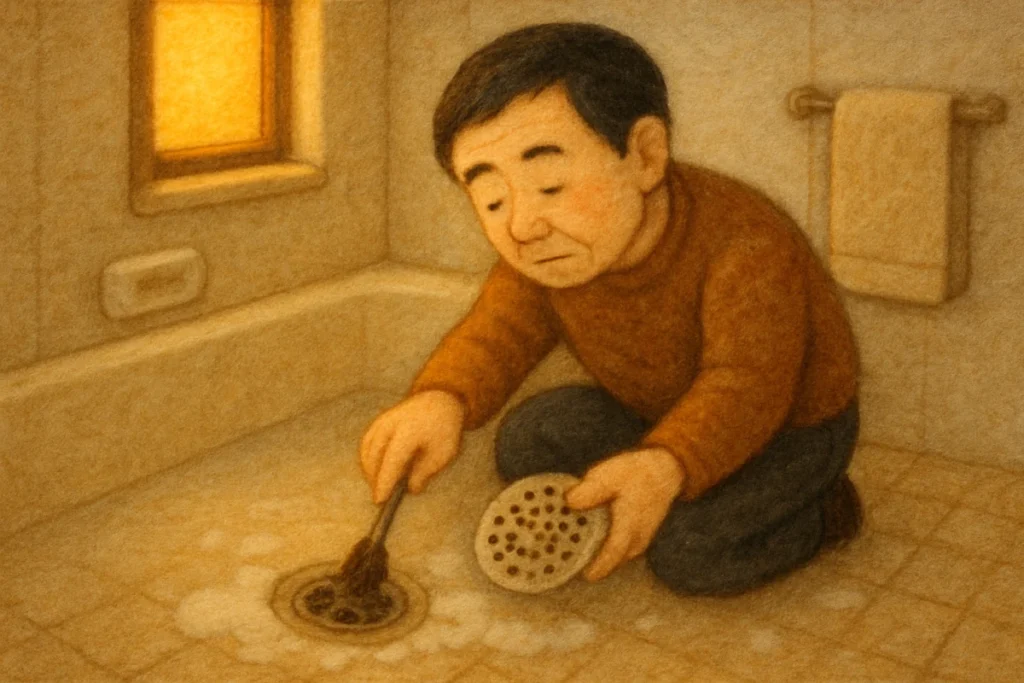 夕方の風呂場で排水溝の蓋を外して掃除している様子