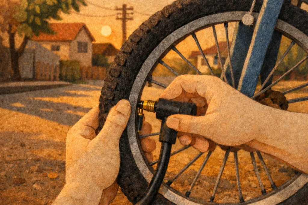 夕方の自転車のタイヤに空気入れを差し込む手元のイラスト