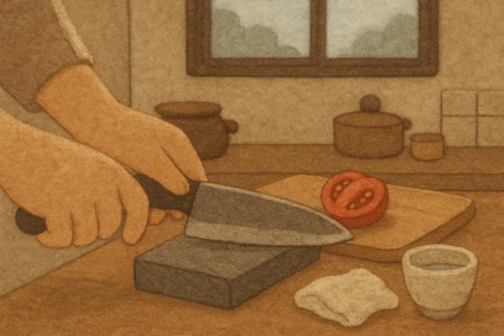 夕方の台所で包丁を研ぐ男性の手元