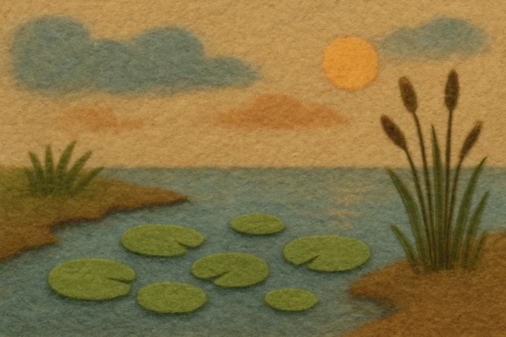 夕方の沼に浮かぶ水草の葉