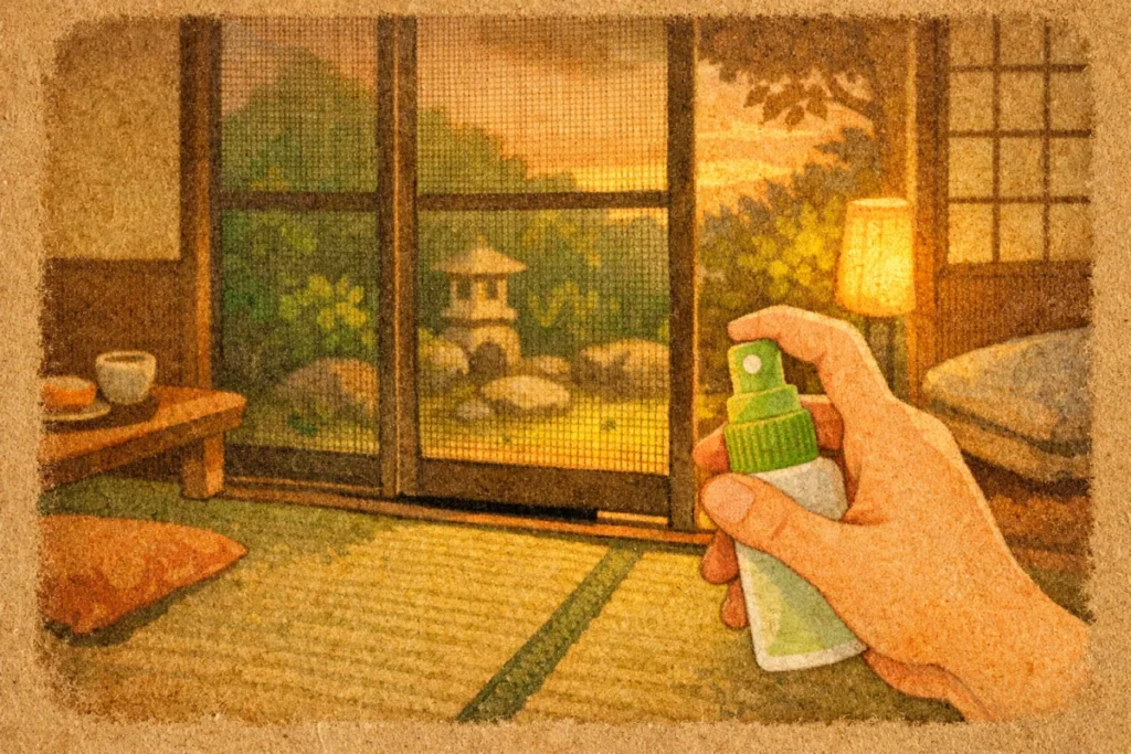夕方の網戸の前で虫よけスプレーを持つ手