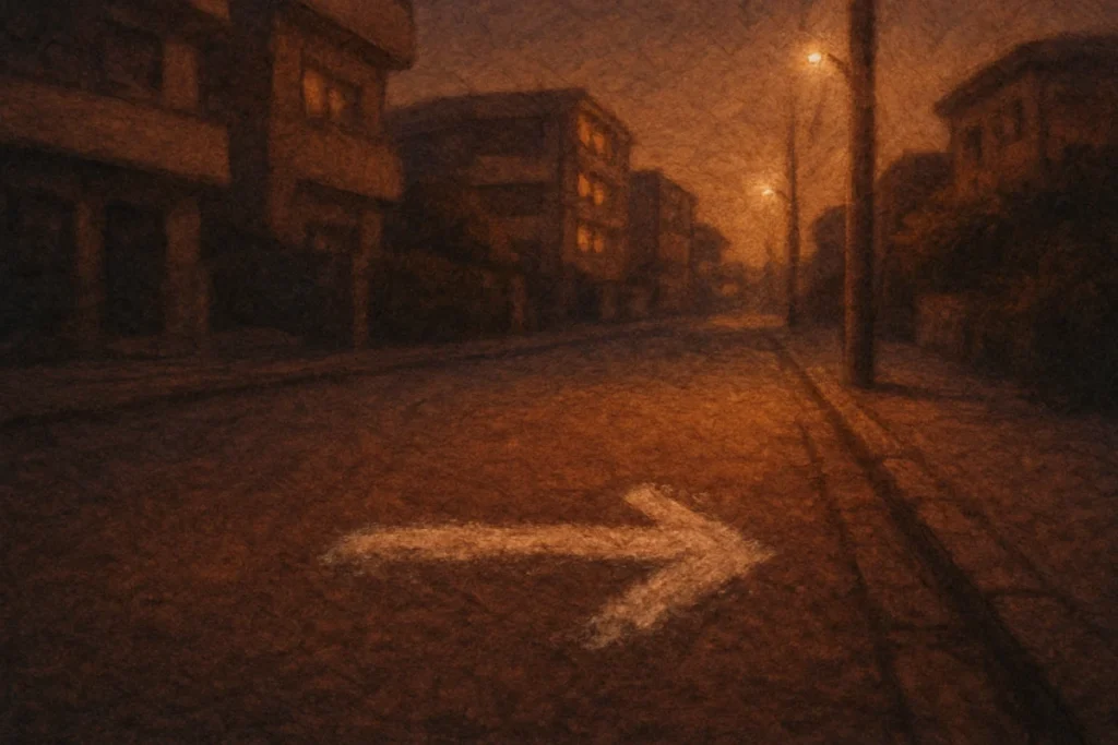 夕暮れの歩道に描かれた消えかかったチョークの矢印