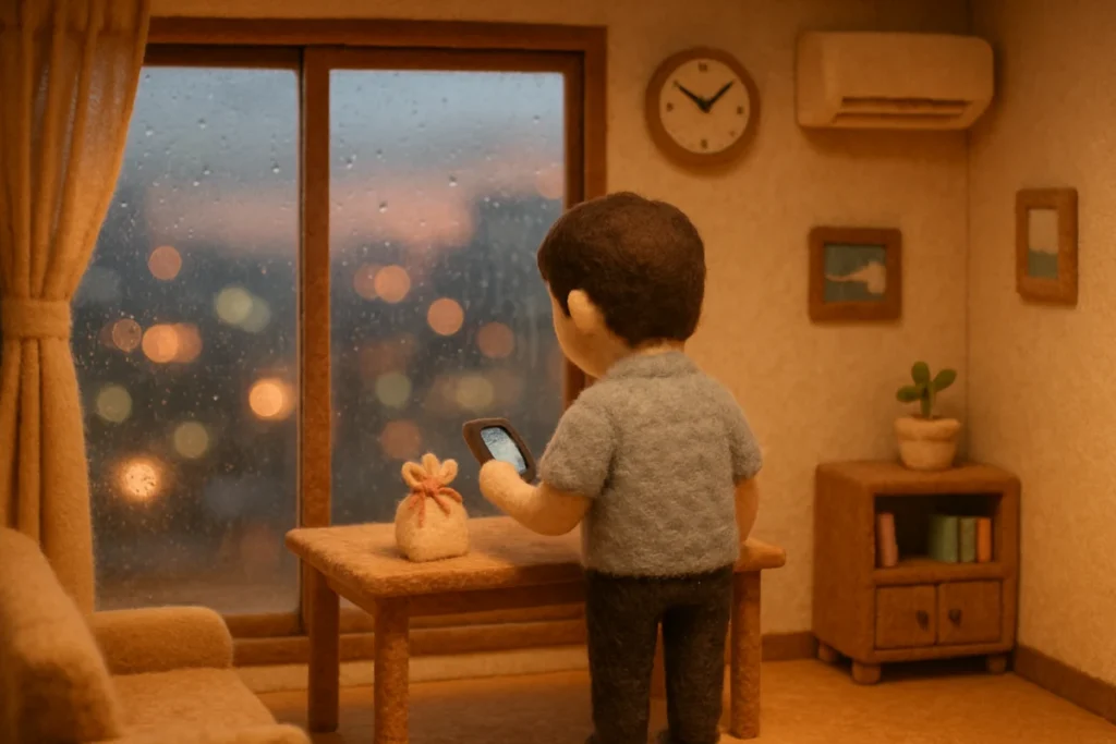 雨の降る薄暗い部屋でニュースを読む男性と小さな贈り物