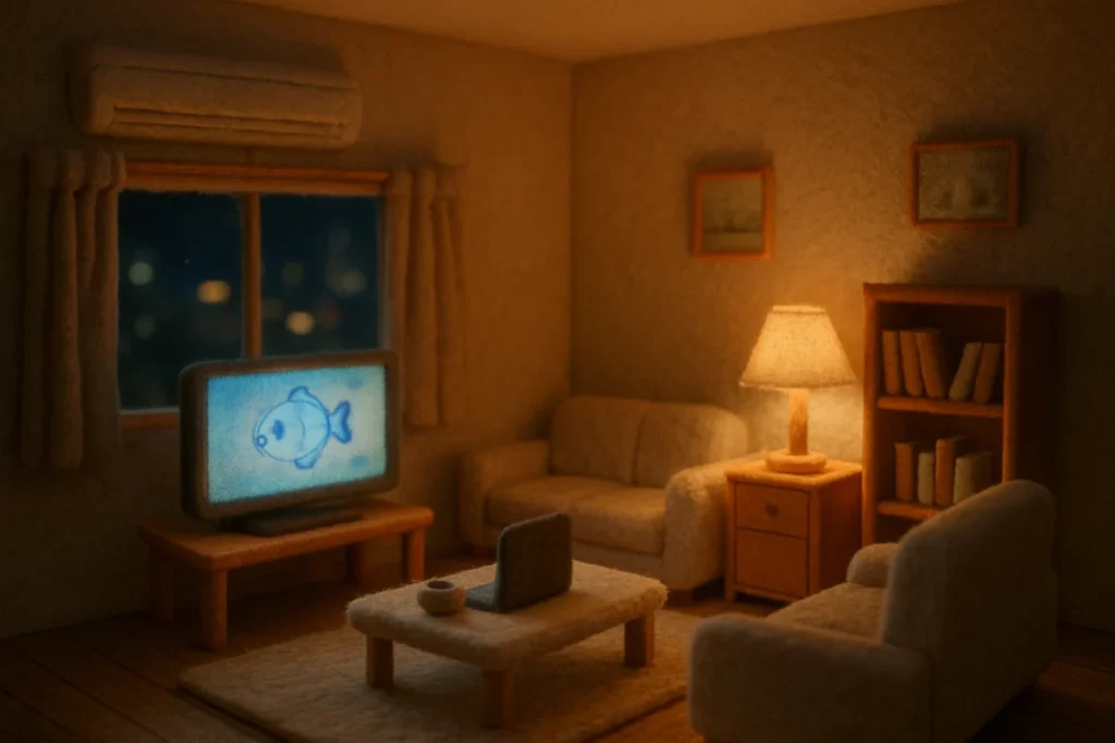 夜の部屋でニュース画面に映る魚のシャボン玉スティック