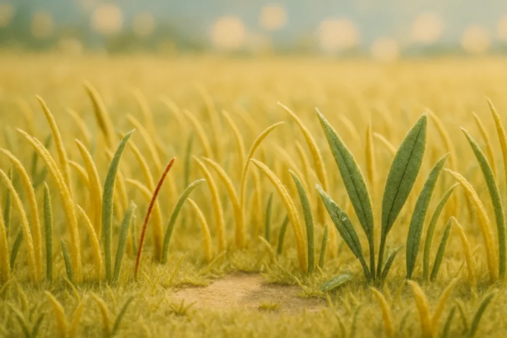 午前の終わりの光の中で草先が揺れる草原