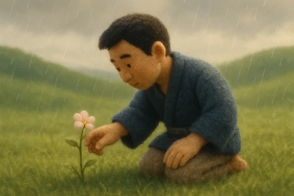 小雨の降る遅い朝、草原に咲く一輪の花と、それを折ろうか迷う手のシーン