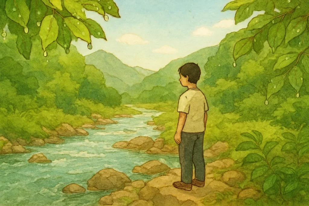遅い朝の渓谷、川沿いの岩場に立つ男性の後ろ姿