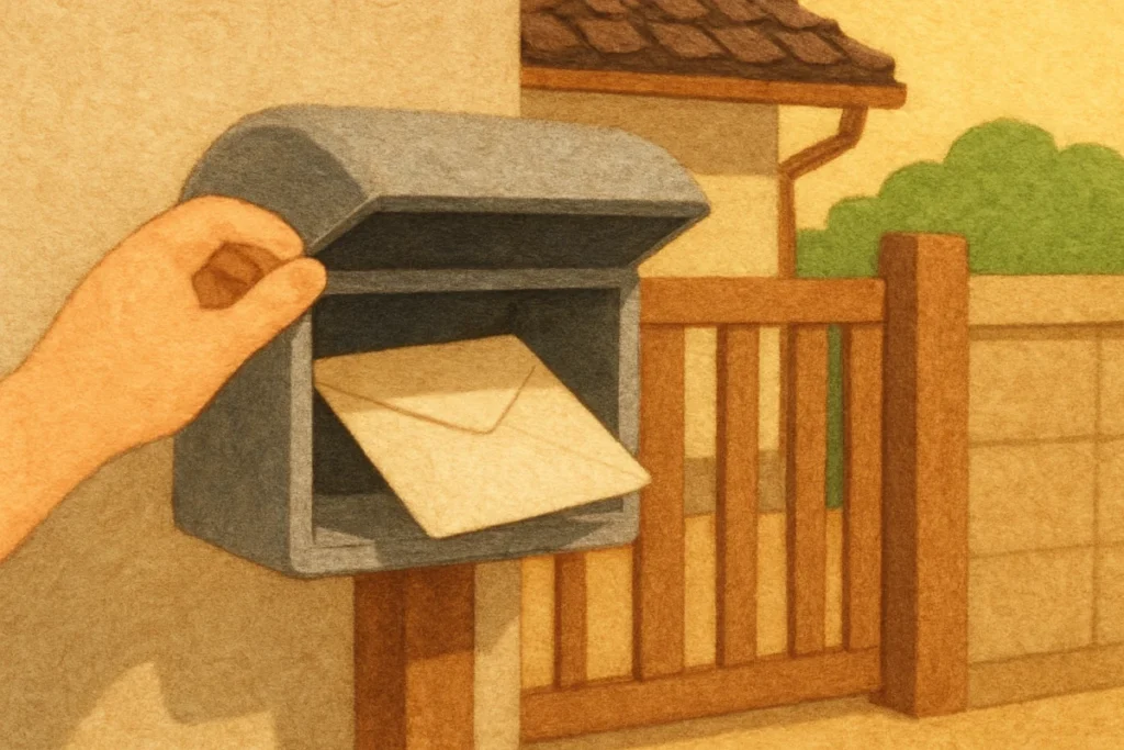 昼前に郵便受けを開ける人の手元と折り目のあるチラシ