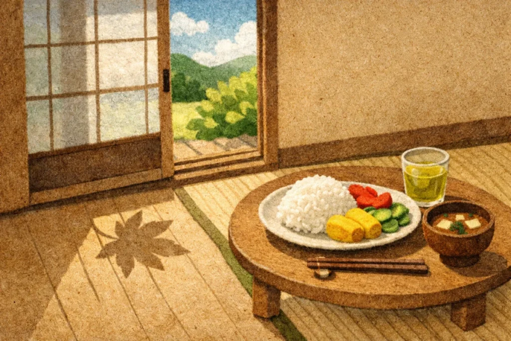 昼前の光が差し込む網戸と、開いたままの窓辺の様子