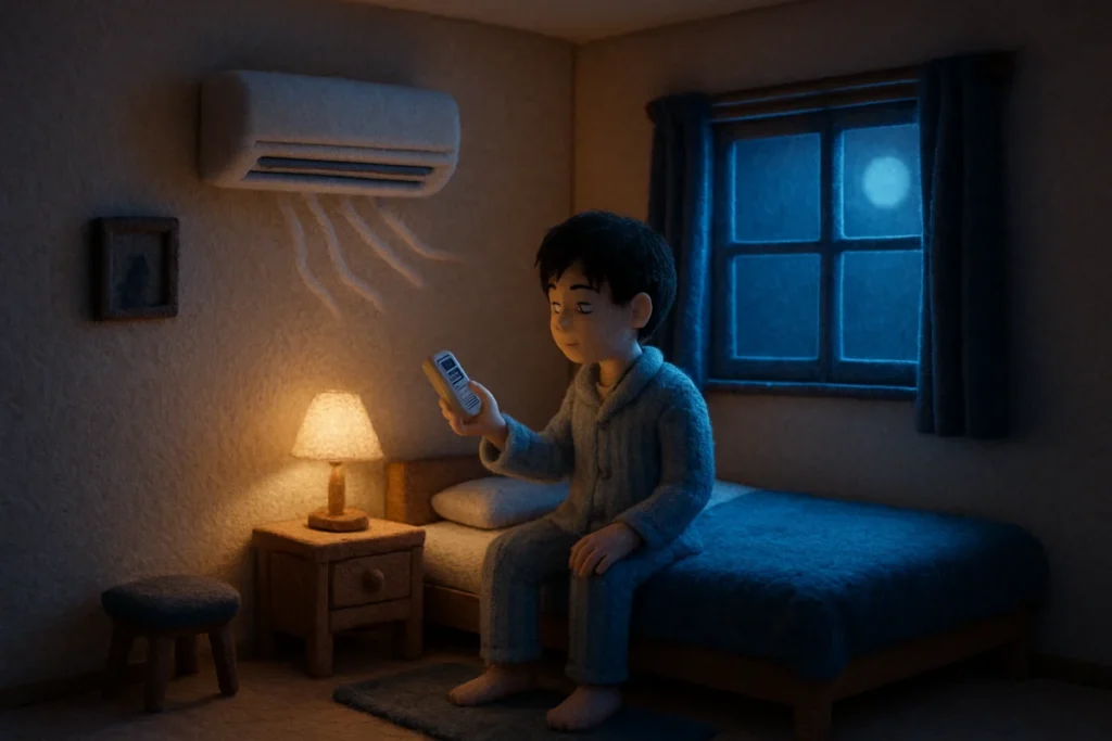 深夜の寝室でエアコンのリモコンを手にする男性
