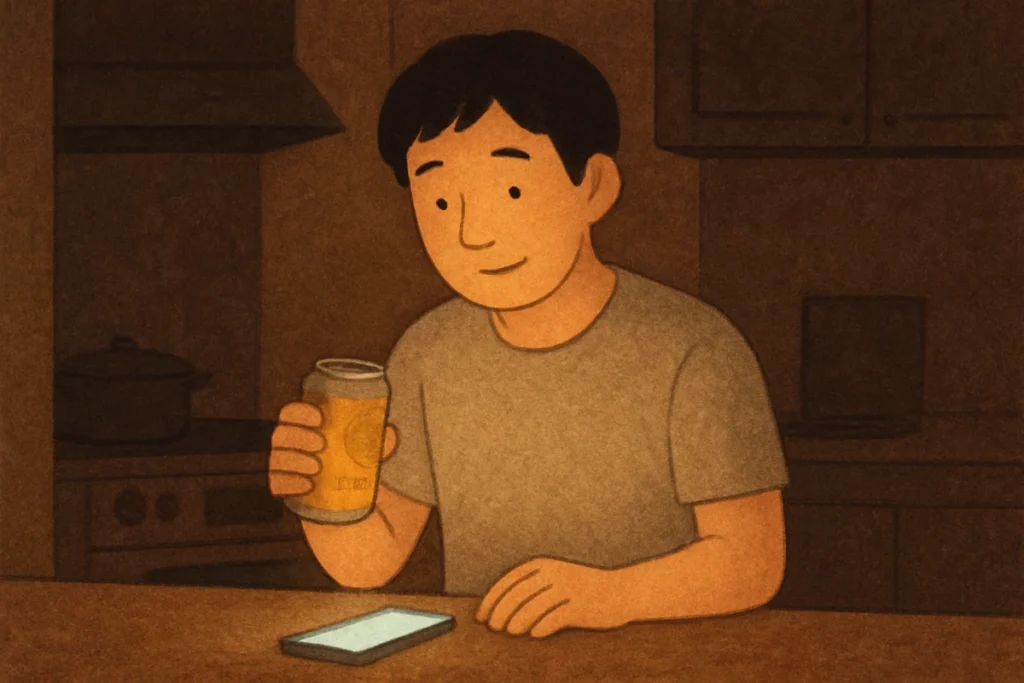 夜の台所で缶ビールを開ける男性