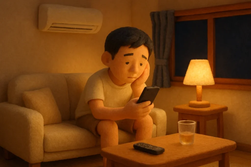 深夜の部屋でスマホを眺めながら短パンのことを考えている男性