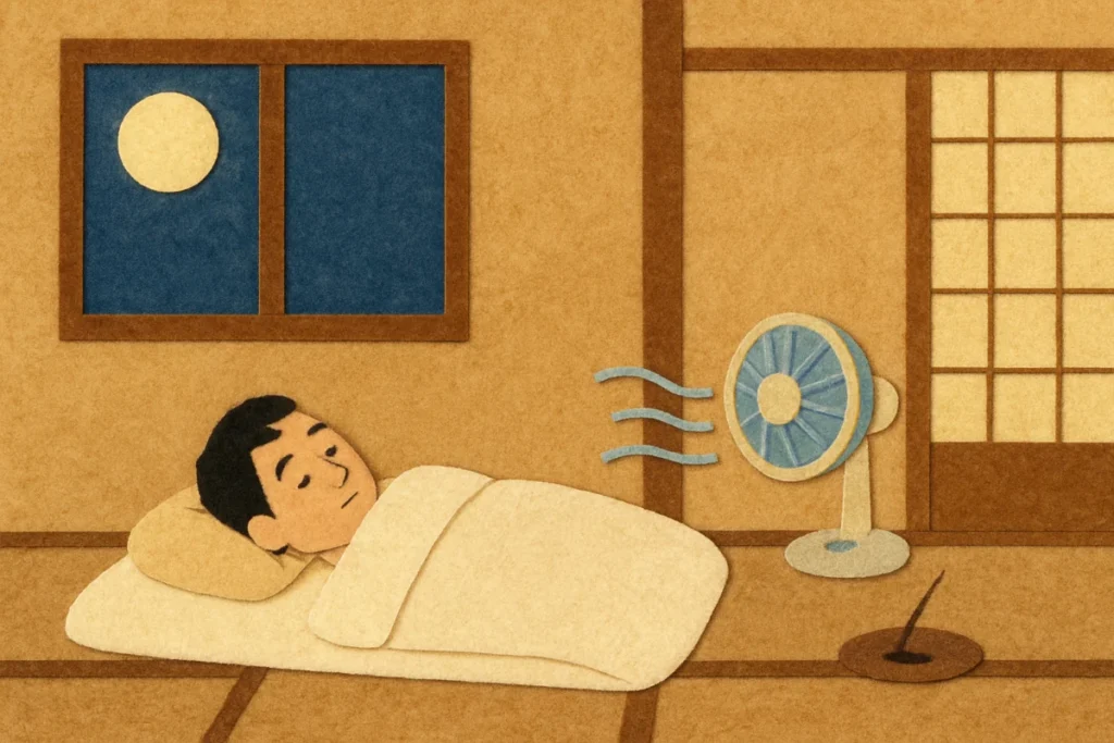 夜中の部屋で扇風機が回り、ベッドに横たわる男性