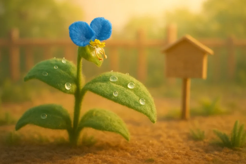 早朝の露草と水滴を撮影した手作りフェルトのミニチュア風景