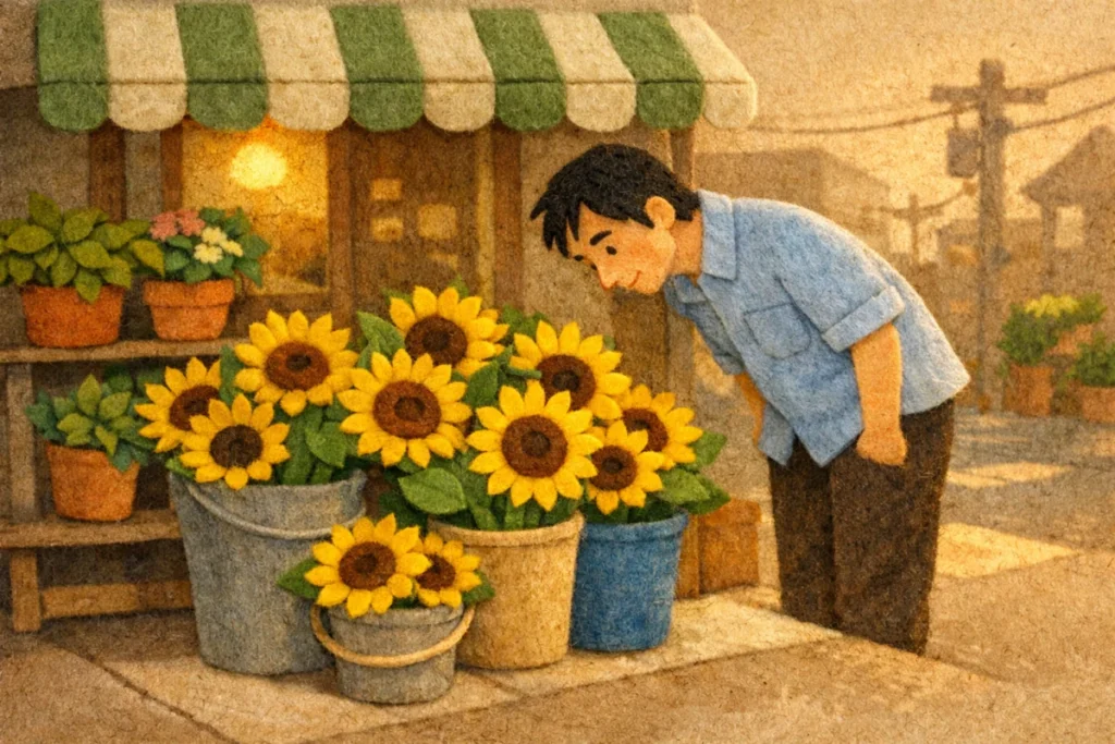 朝の花屋に並ぶヒマワリの束と、それを眺める男性