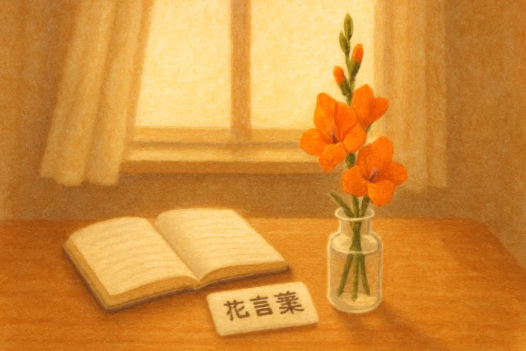 机に置かれたグラジオラスの花と日記帳、花言葉の札